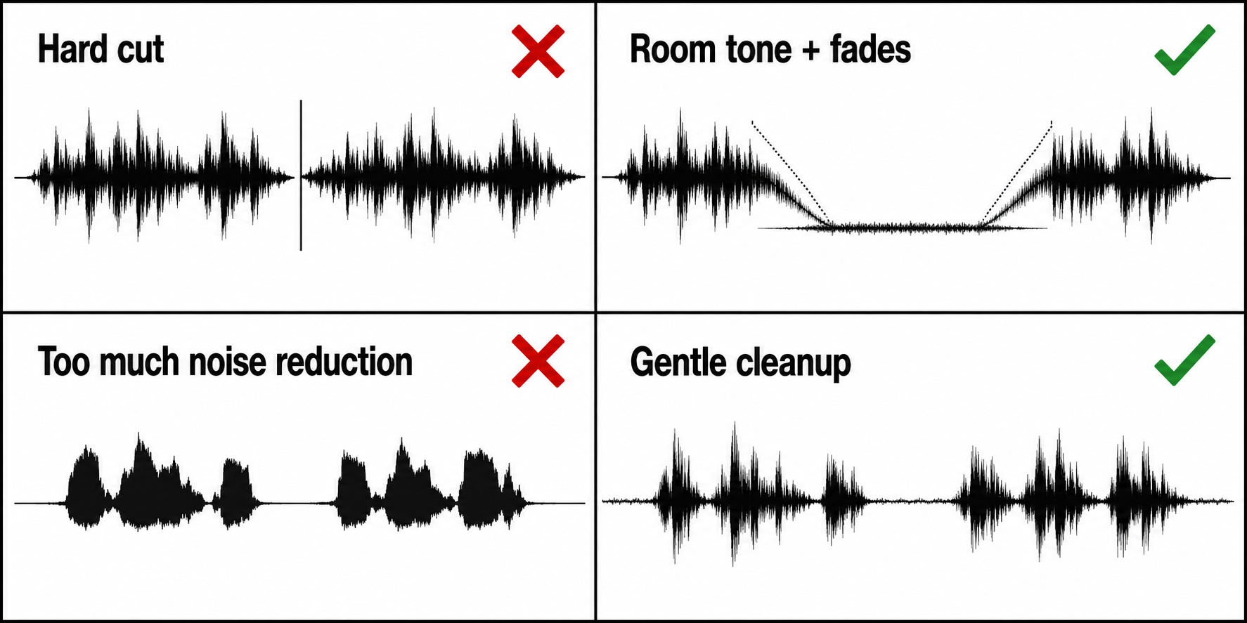 Comparison of hard cuts, room-tone fades, excessive noise reduction, and gentle audio cleanup