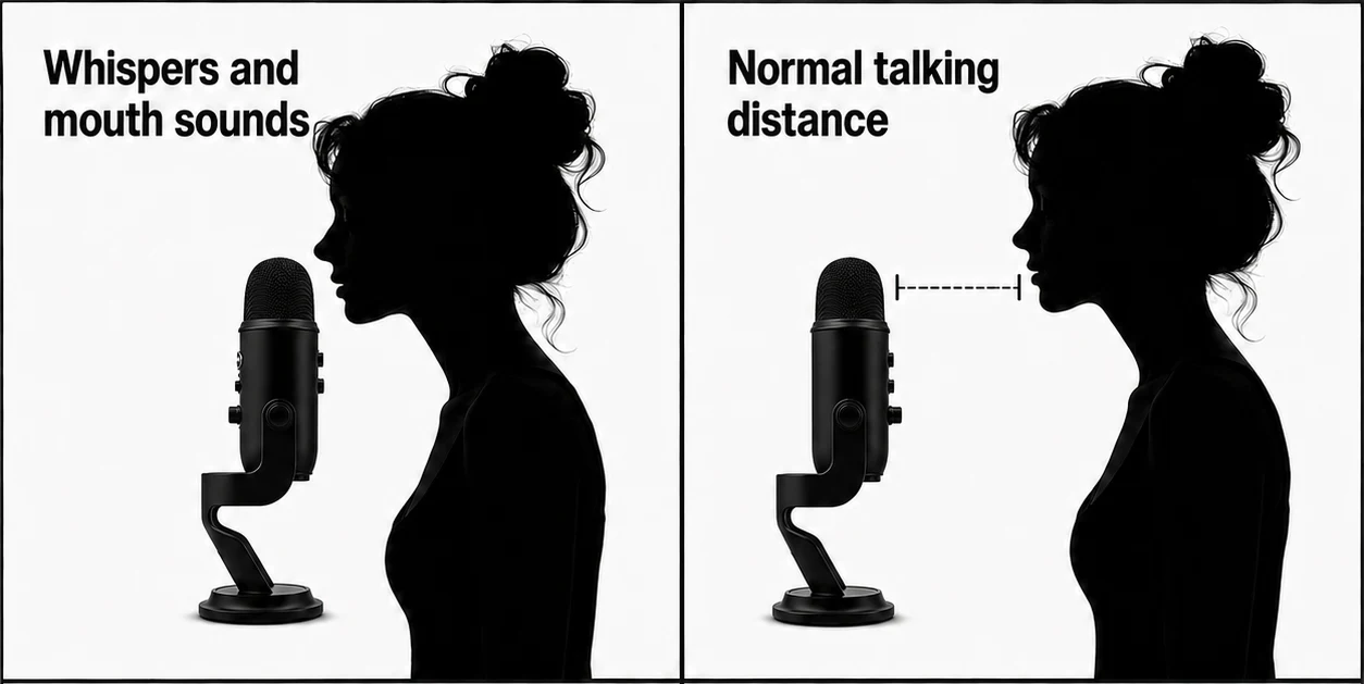 Two-panel ASMR microphone distance guide showing close placement for whispers and mouth sounds and a greater mouth-to-microphone distance for normal talking.