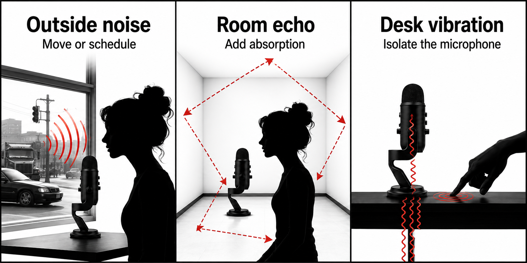 Diagnosing outside noise, room echo, and desk vibration in an ASMR recording space