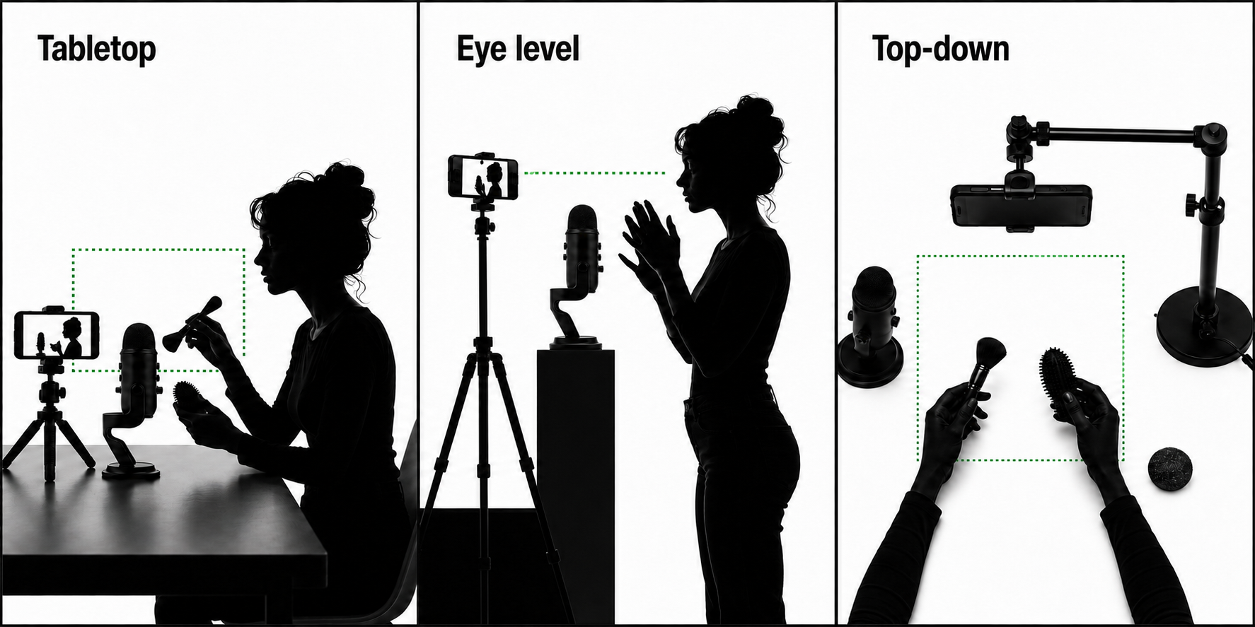 Tabletop, eye-level, and top-down phone positions for recording ASMR