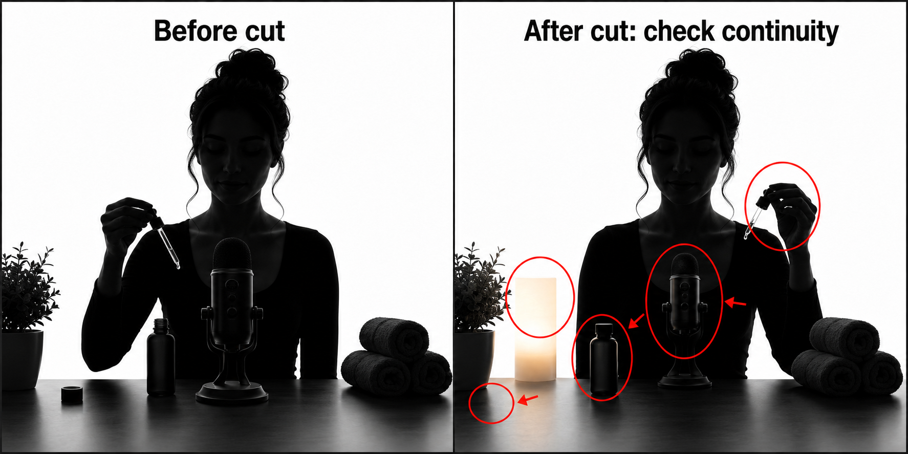 Before-and-after ASMR roleplay frames showing continuity errors between cuts