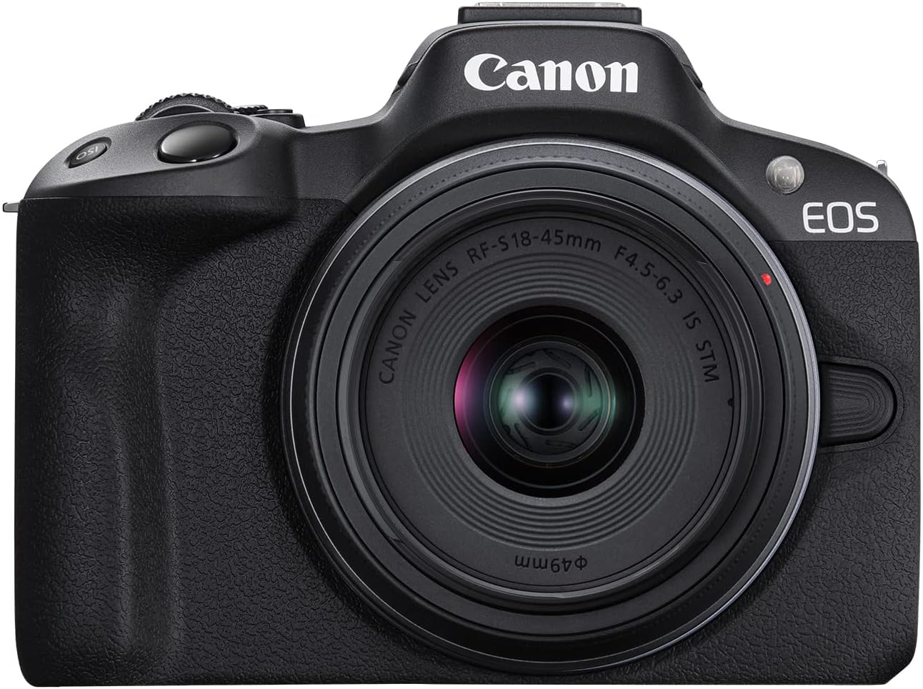 Black Canon EOS R50 mirrorless camera with 18-45 millimeter lens